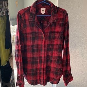 Vans size small, black, and red flannel.